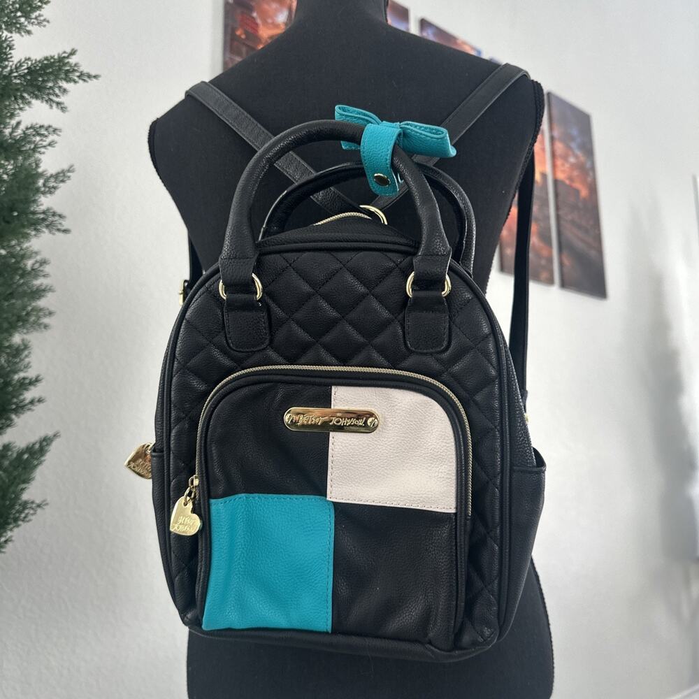 Betsey Johnson Mini Backpack Quilted Black Teal White Bow Color Block Crossbody‎